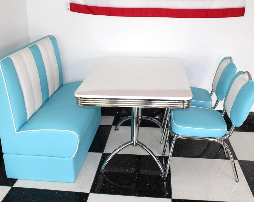 American Booth and Two Chair Set Blue With High Gloss White Booth Table