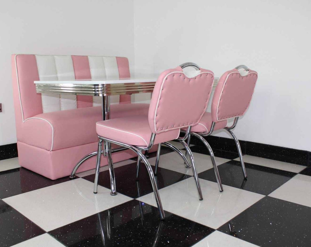 American Booth and Two Chair Set Pink With High Gloss White Booth Table