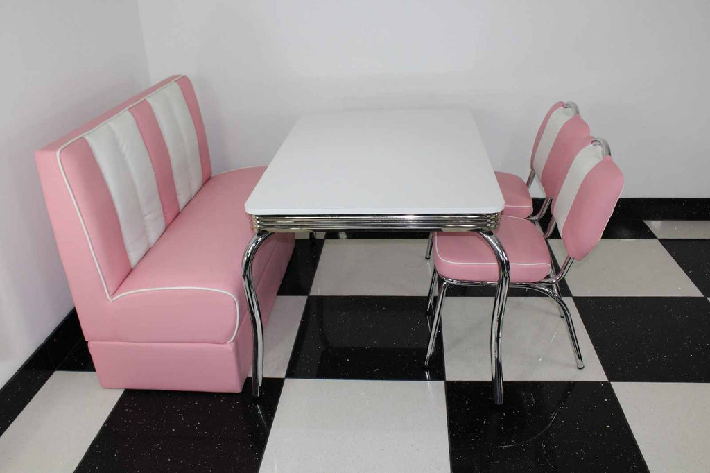 Pink Booth, 2 Chairs and White Four Legged Table