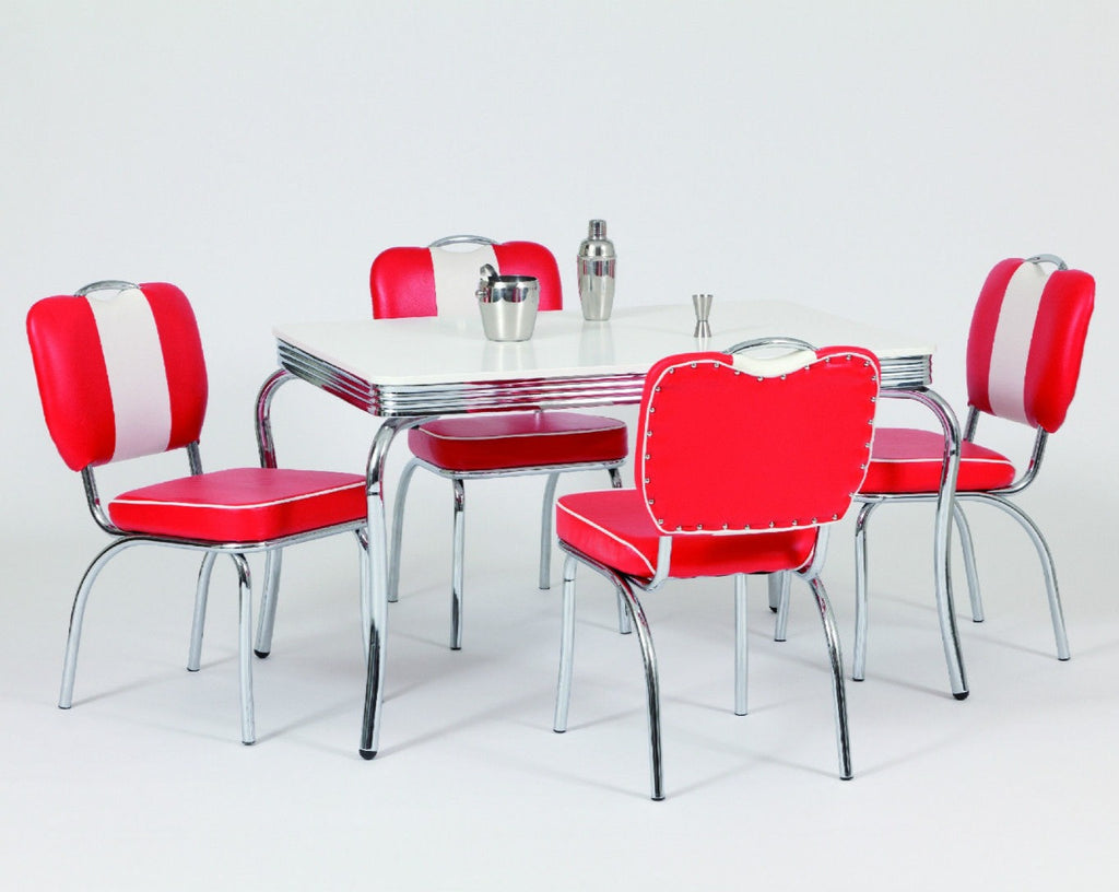 Four Red Chairs With White Four Legged Table