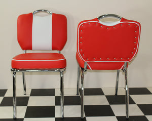 Red Booth, 2 Chairs and White Four Legged Table