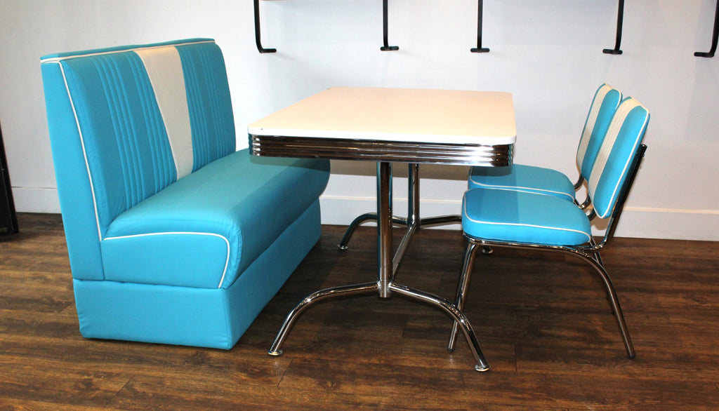 Blue Nashville Booth, 2 Chairs and White Booth Table