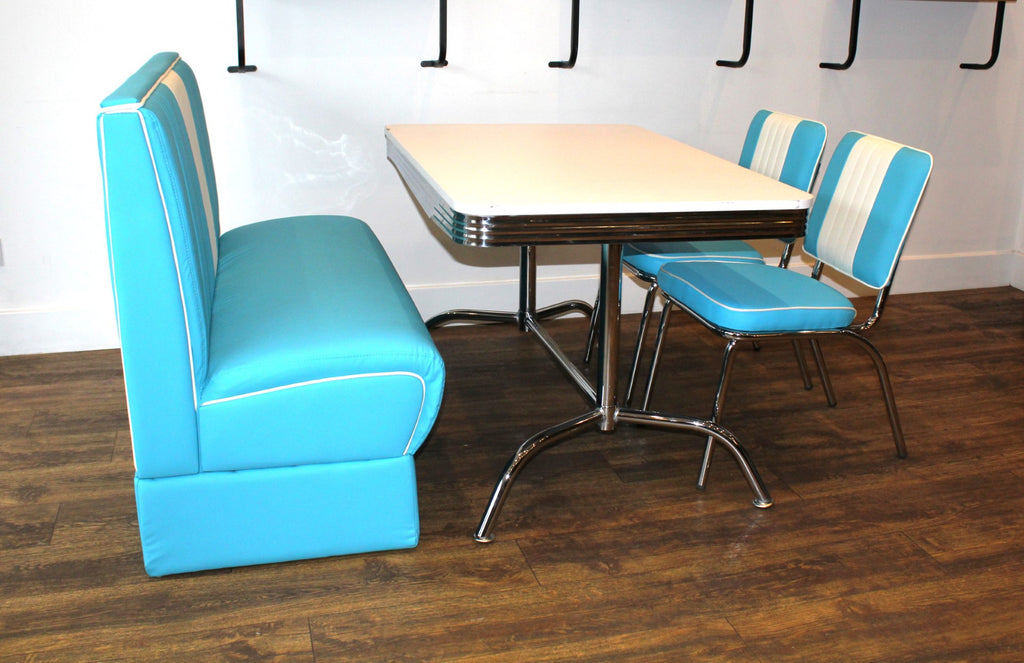 Blue Nashville Booth, 2 Chairs and White Booth Table