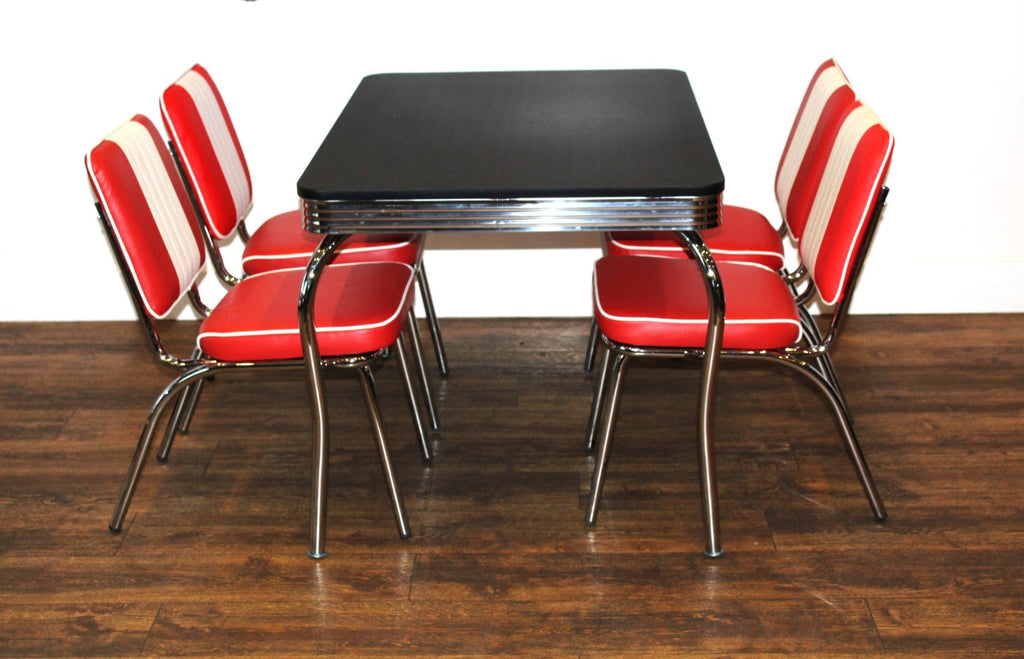 Four Legged Red Diner Set With Black Table