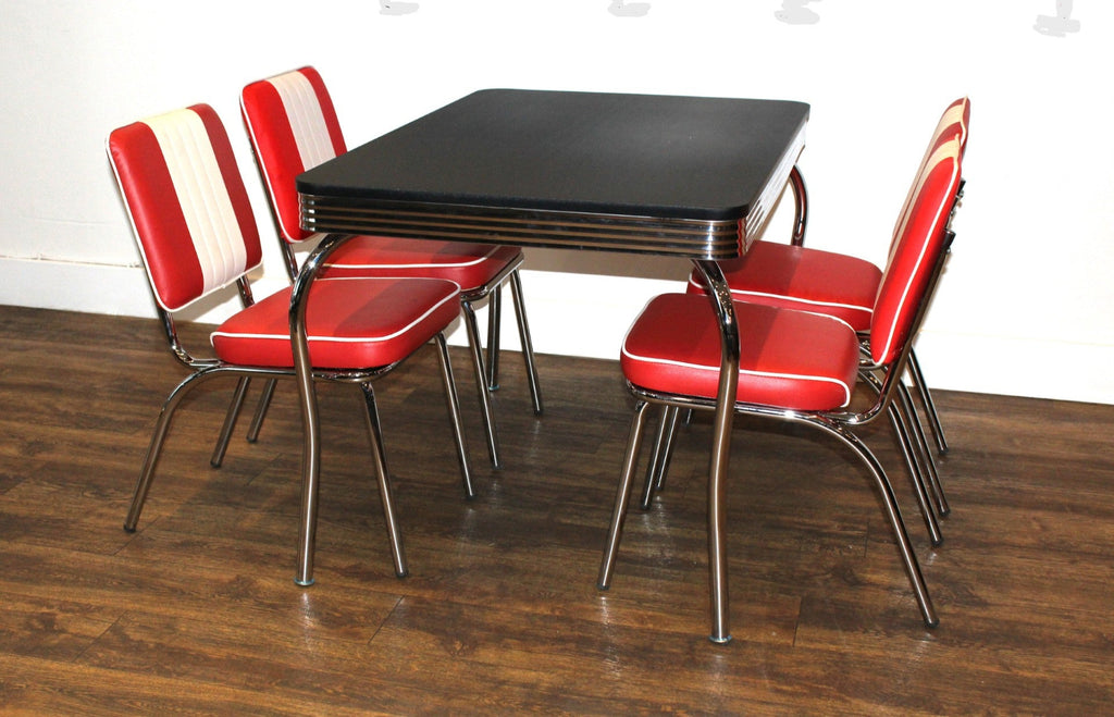 Four Legged Red Diner Set With Black Table