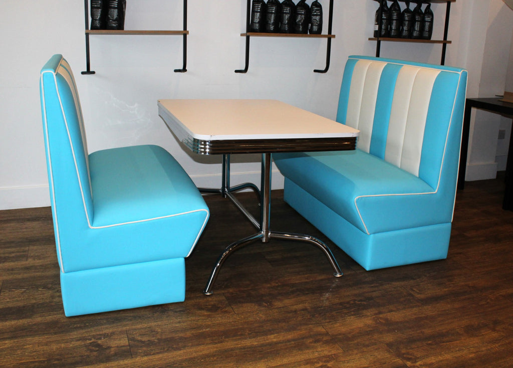 Commercially Graded Blue Booths With White Table