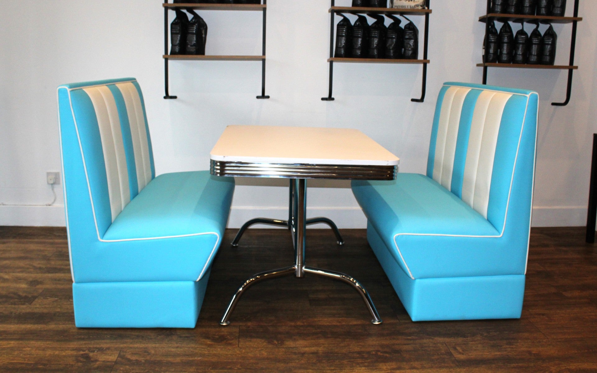 Commercially Graded Blue Booths With White Table