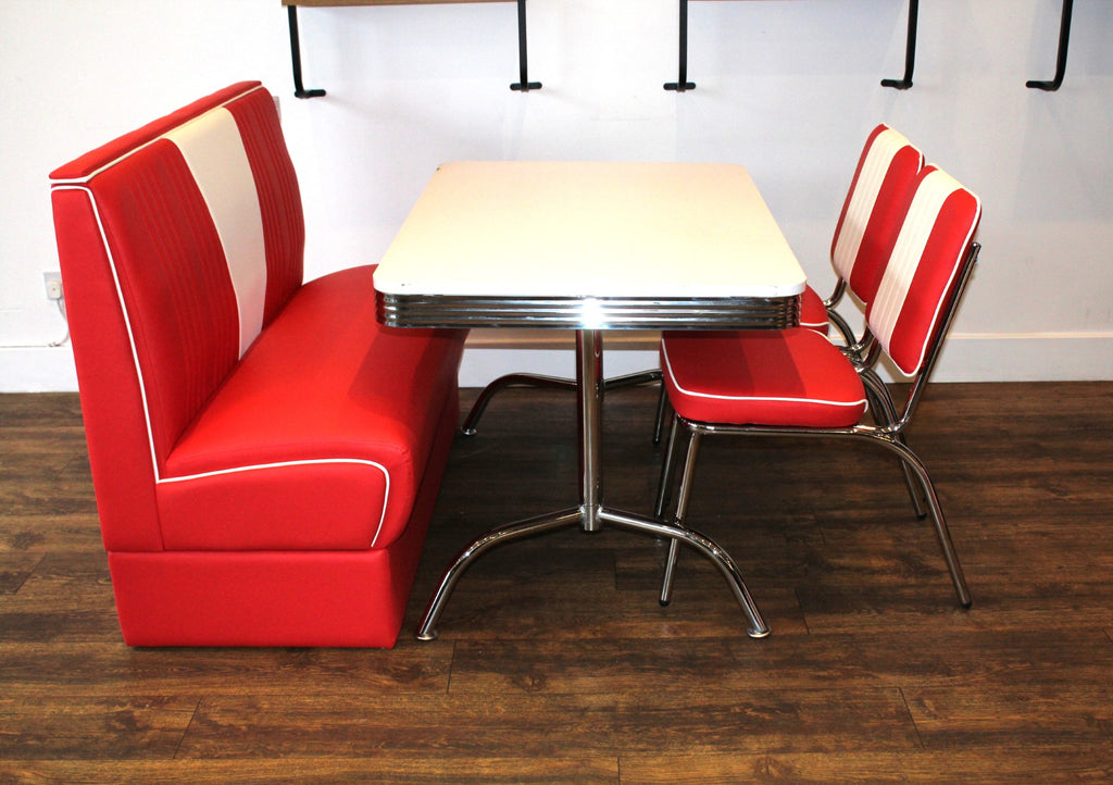 Red Nashville Booth, 2 Chairs and White Booth Table