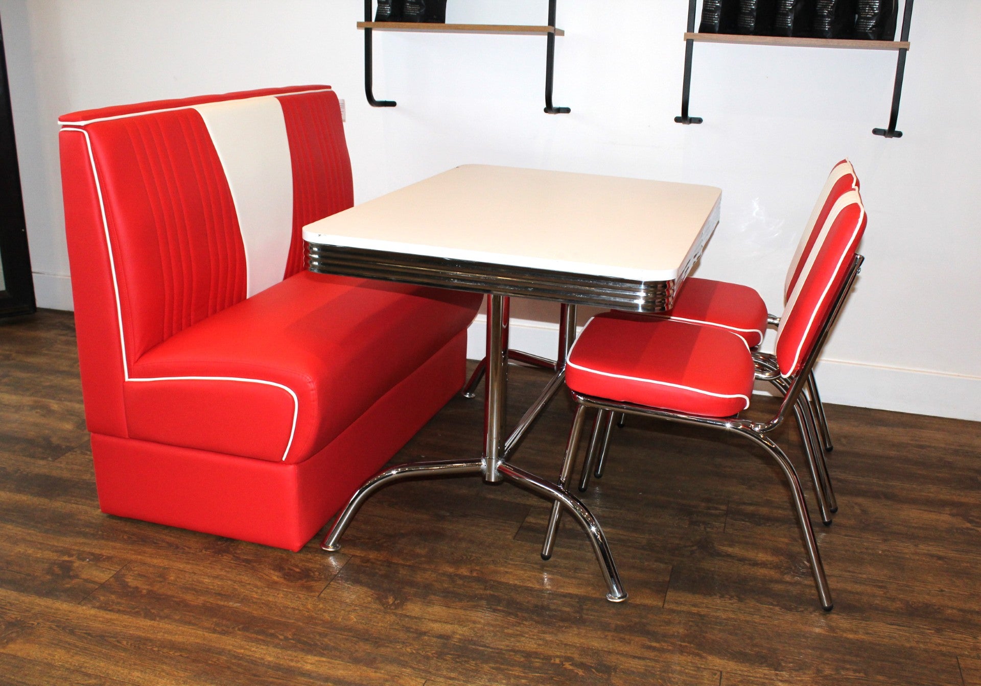 Red Nashville Booth, 2 Chairs and White Booth Table