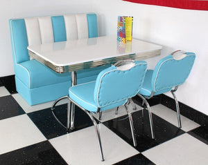 American Booth and Two Chair Set Blue With High Gloss White Booth Table