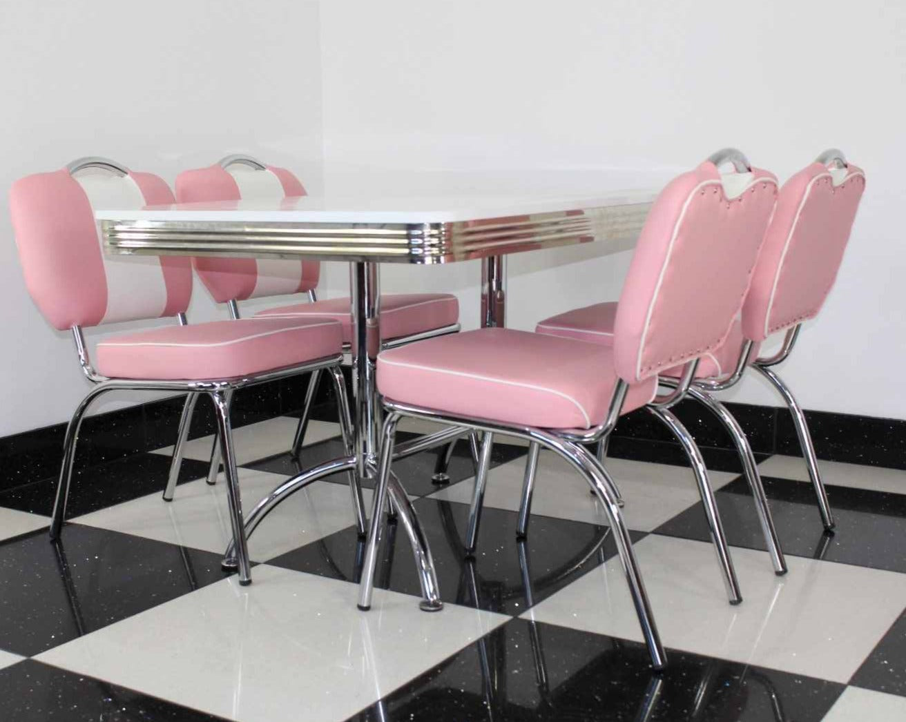 Four Pink Chairs With White Booth Table Just Americana