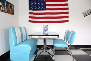 American Booth and Two Chair Set Blue & White With High Gloss Black Booth Table