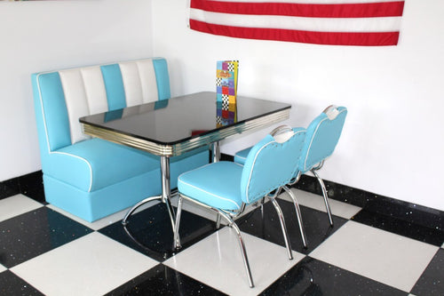 American Booth and Two Chair Set Blue & White With High Gloss Black Booth Table