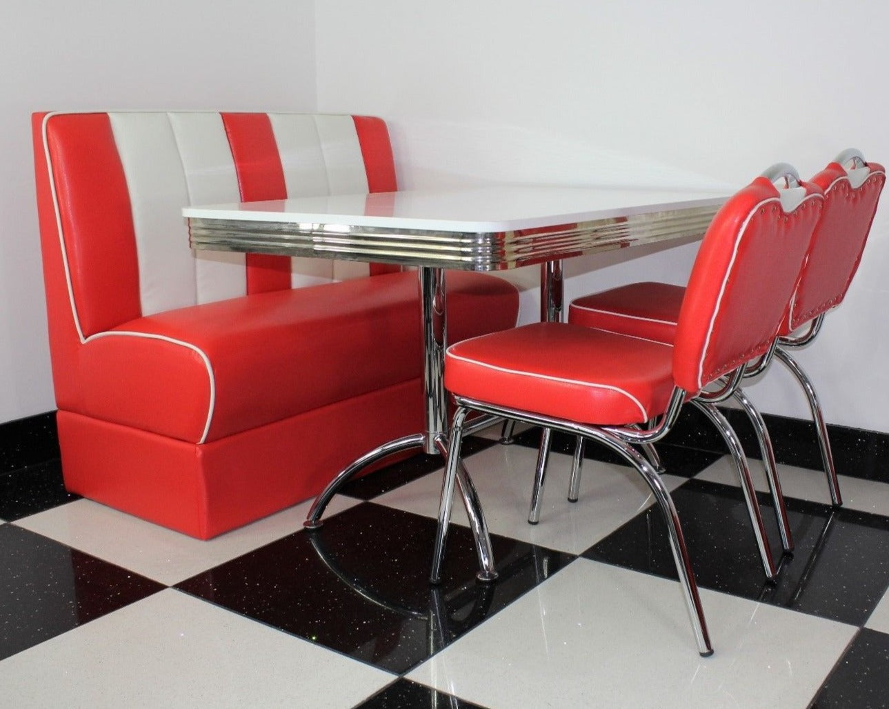 Red Booth Set Red Booth, 2 Chairs and White Booth Table – Just Americana